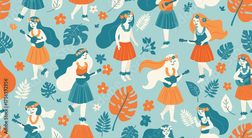 Vibrant, cheerful seamless pattern featuring cartoon hula dancers playing ukuleles amidst tropical foliage and flowers