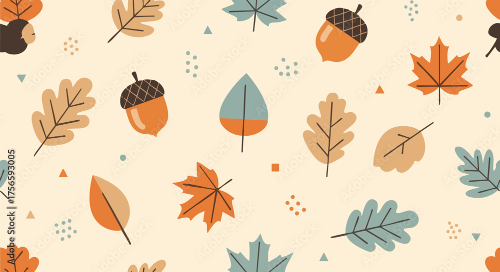 Fototapeta premium Vibrant seamless pattern featuring stylized autumn leaves and acorns in warm earth tones against a pale background