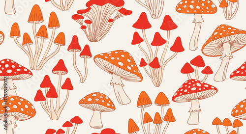 Vibrant seamless pattern featuring stylized Amanita muscaria mushrooms in retro 70s illustration style, perfect for textile design and whimsical nature concepts
