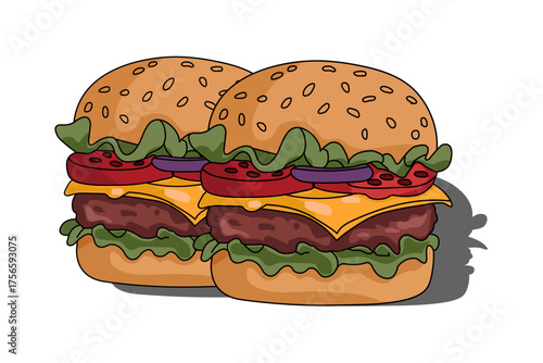 Juicy beef burgers with cheese, lettuce, tomato, and sesame seed buns illustration
