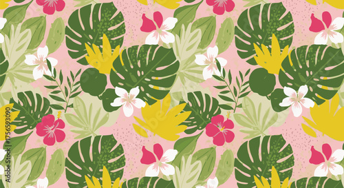 Vibrant seamless tropical pattern featuring stylized Monstera leaves, hibiscus flowers, and lush green foliage set against a bright pink background