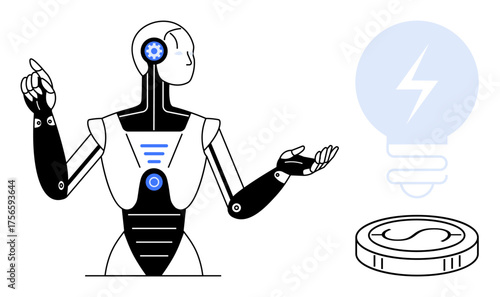Advanced humanoid robot with circuit details presenting a glowing light bulb and coin. Ideal for technology, AI, innovation, robotics, automation, creativity, future finance. Simple flat metaphor