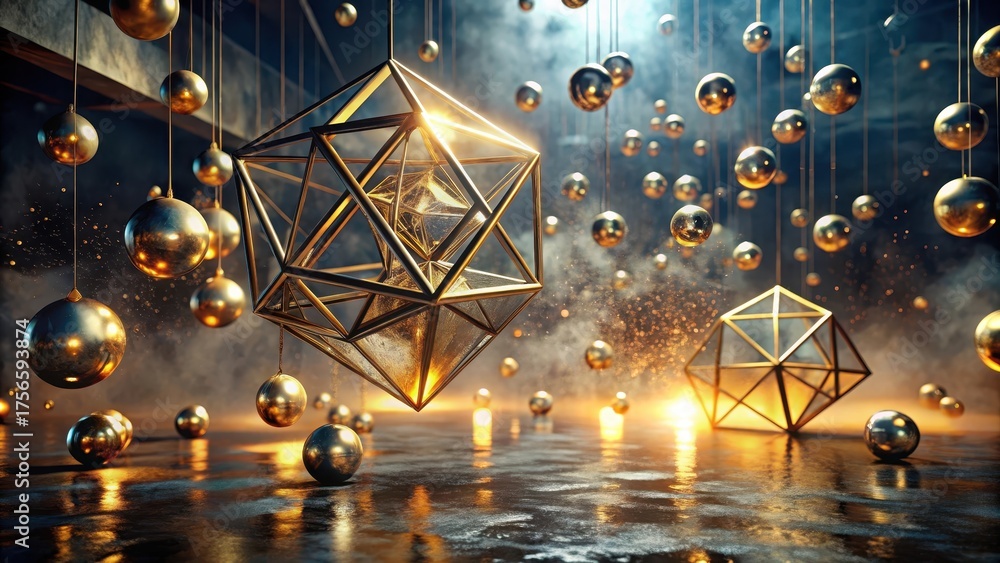 Fototapeta premium Golden Geometric Forms Suspended in a Mystical, Smoky Atmosphere