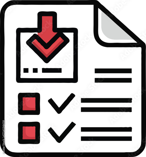 Clean monochrome vector illustration of a download file icon, thick black outline, minimal geometric design 13.eps