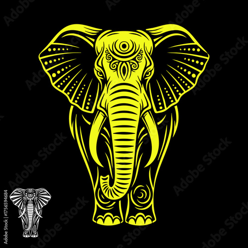 Ornate yellow elephant illustration with detailed patterns on a black background