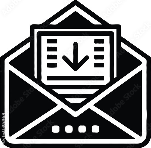 Clean monochrome vector illustration of a download file icon, thick black outline, minimal geometric design.eps