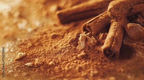Cinnamon sticks and powder on a surface, warm lighting