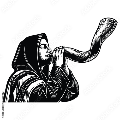 Man in Hood Blowing Shofar Woodcut Style person hooded.