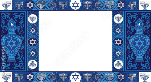 Ornate blue border with Jewish symbols and menorahs.