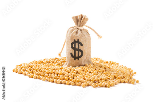 A burlap sack of US money atop soybeans symbolizes the economic fallout of the U.S.–China trade war, where China's halt on American soybean purchases turned crops into stranded capital