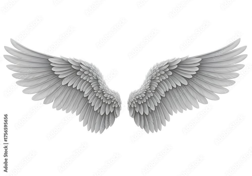 Obraz premium Elegant White Angel Wings Illustration. Ethereal and spiritual feathered design, perfect as a symbol of freedom, purity, peace, and heavenly grace, isolated on white.