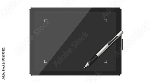 A gray graphic tablet with stylus rests on a white background