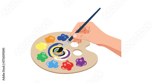 A hand holds a paintbrush over a palette containing multiple colors of paint