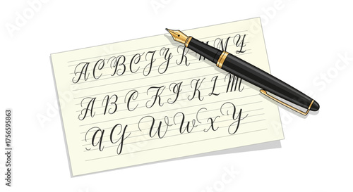 A handwritten alphabet practice sheet sits under a goldnibbed fountain pen