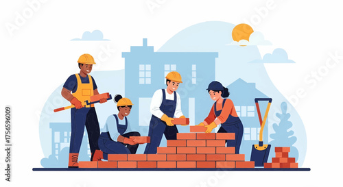 Vector illustration of construction teamwork laying bricks together, flat illustration