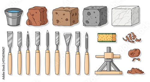 A set of sculpting tools and materials including chisels stones sponge and a sculpting stand