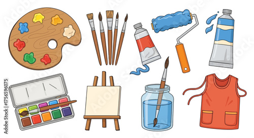 A set of art supplies includes brushes palette paints an easel and an apron