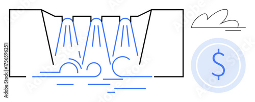Flowing water through a dam representing renewable energy production and economic growth. Ideal for sustainability, energy, environment, innovation, finance, engineering, green economy. Simple flat