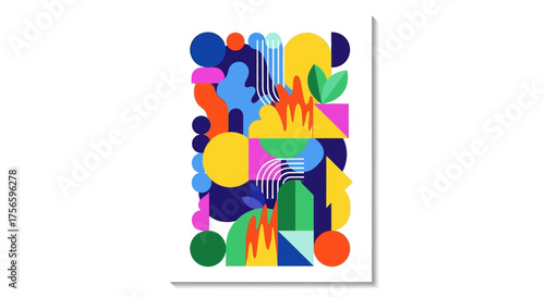 An abstract design with shapes in vibrant colors on a white poster with a slight shadow