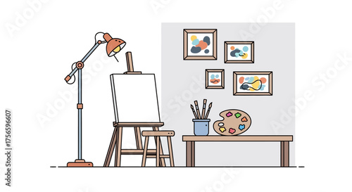 An artists studio with paintings on the wall a canvas palette lamp brushes and stool