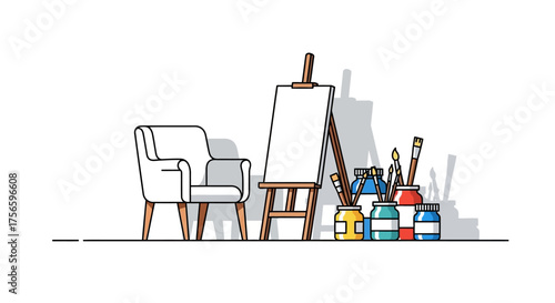 An artists workspace featuring a chair easel brushes and paint containers