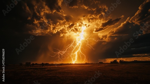 Dramatic lightning storm over a field at sunset