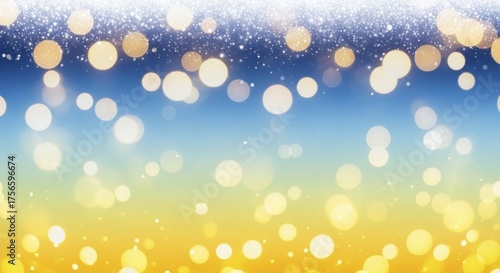  Festive Golden Bokeh Lights and Sparkling Snowfall on a Blue and Yellow Gradient Background