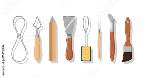 Array of eight pottery tools brushes  sponges isolated on white