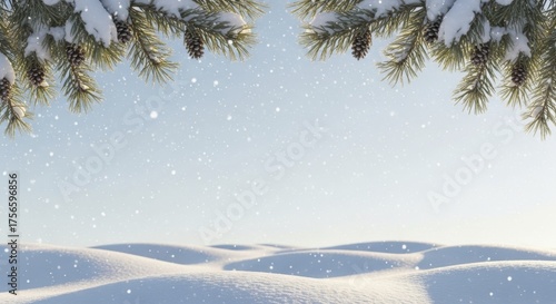  Snowy pine branches with cones frame a winter landscape of hills and falling snow