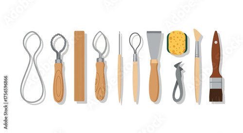 Array of pottery tools Variety of shapes including loops scrapers sponge and brushes