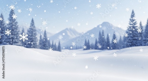 Peaceful winter landscape with falling snowflakes over snow-covered fir trees and distant mountains