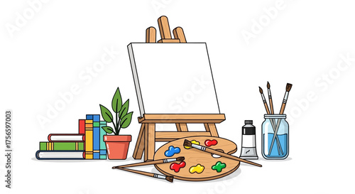 Art studio scene easel canvas brushes paint palette books plant