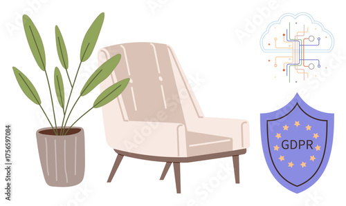 Chair beside a plant, cloud with circuit lines, GDPR shield icon. Ideal for data privacy, technology, home-office setup, compliance, secure connection environment lifestyle. Simple flat metaphor