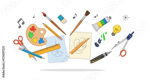 Art supplies including brushes pencils palette and tools float on a white background casting a faint shadow