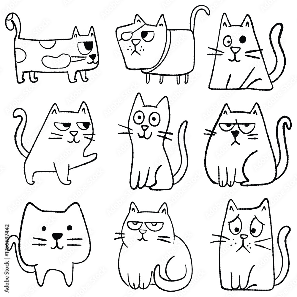 Fototapeta premium Funny doodle cats collection in minimal line art