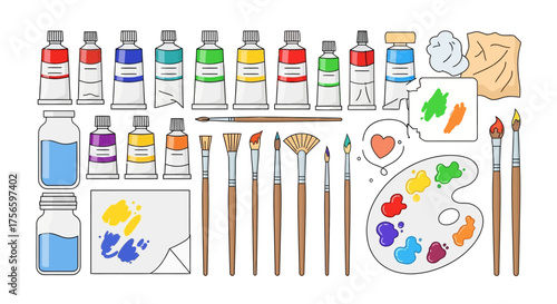 Art supplies showcase tubes of paint brushes water jars palette and cloths arranged