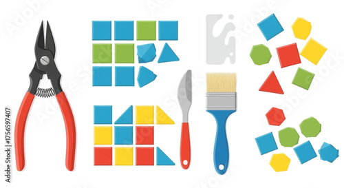 Art tools including pliers tiles knife brush paint blot and geometric shapes