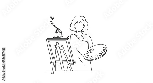Artist with canvas easel palette and brush in a simplistic outline drawing