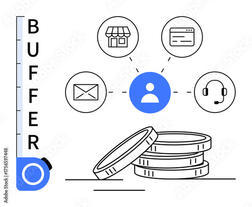 User figure linked to icons for e-commerce, emails, websites, and support, alongside coin stacks and buffer meter. Ideal for resource planning, productivity, business tools, marketing teamwork