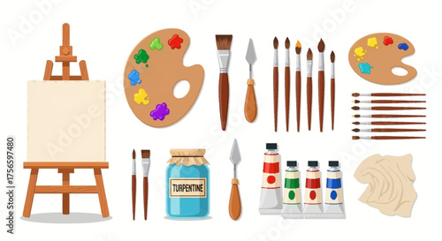 Artist supplies easel palette brushes turpentine jar paint tubes and cloth