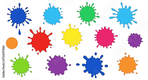 Colorful ink splashes in various colors and shapes isolated on a white background