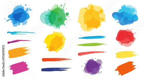 Colorful ink blots and brush strokes in varied shapestones arranged on a white background