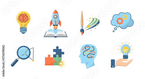 Eight illustrations of creative processes lightbulb rocket brush thought cloud magnifying glass puzzle pieces head hand holding lightbulb