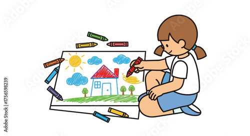 Girl drawing a house with crayons squatting beside the picture on the ground