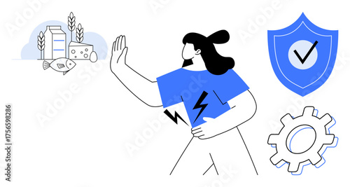 Woman holding stomach, gesturing rejection towards allergen foods thumbs up milk, fish, cheese. Shield ensures safety, gears suggest processes. Ideal for allergy, health awareness, prevention