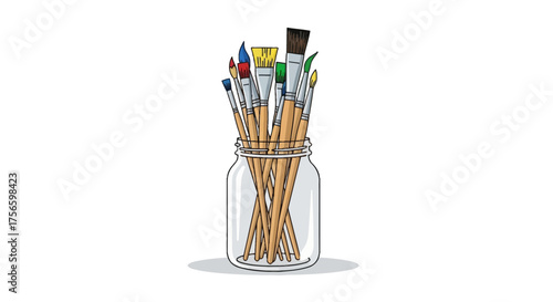 Jar filled with assorted colorful paintbrushes displayed on a white background with a faint gray shadow