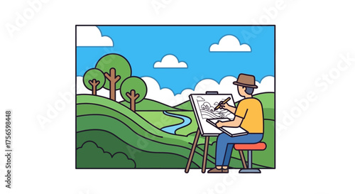 Man drawing a landscape with hills trees river  clouds on an easel