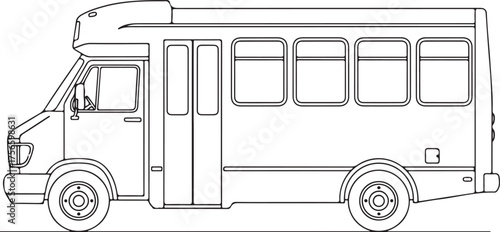 Outline drawing of a small passenger bus with multiple windows and doors