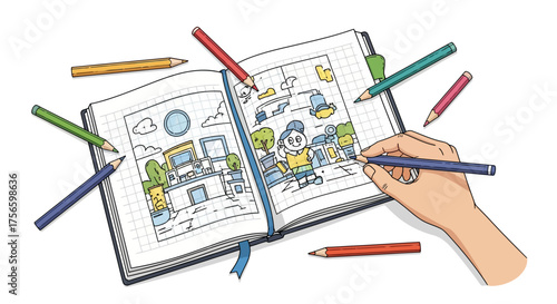 Open sketchbook with drawings surrounded by pencils and a hand drawing with a blue pencil