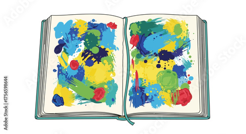 Open book with vibrant abstract splashes of blue yellow green  red paint on its pages